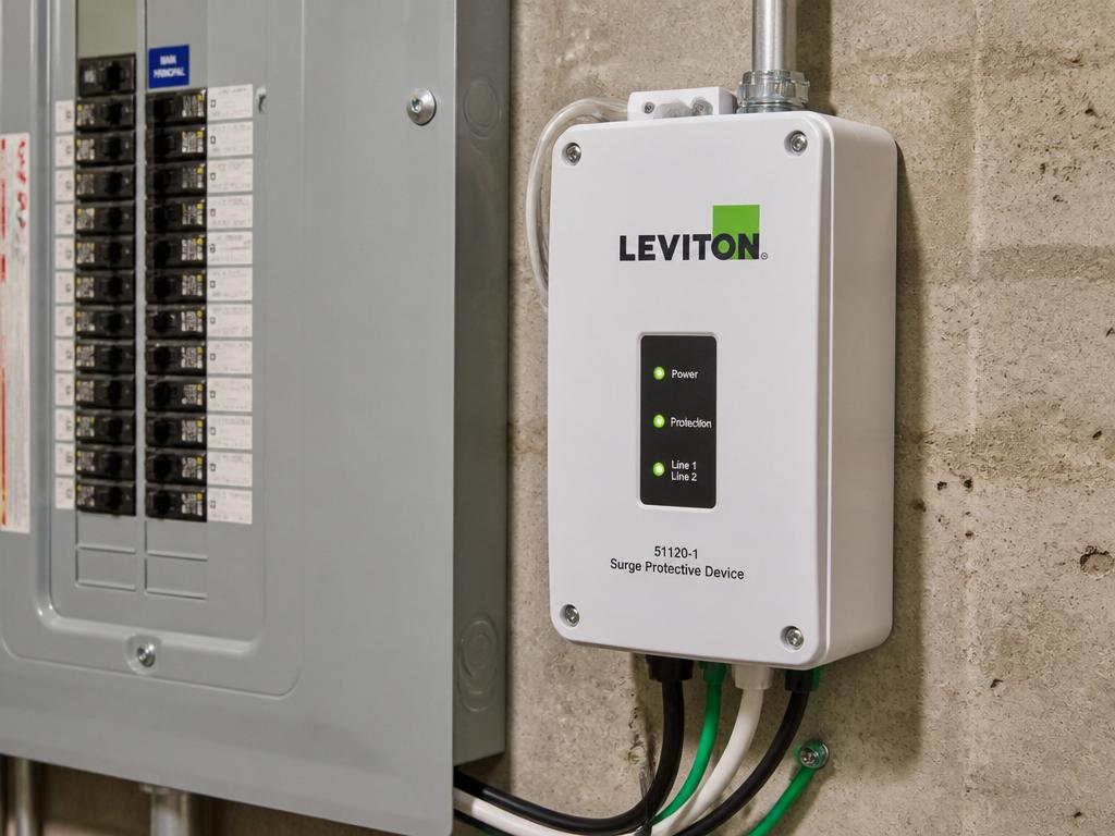 Leviton 51120-1 whole-home surge protective device installed next to a residential panel