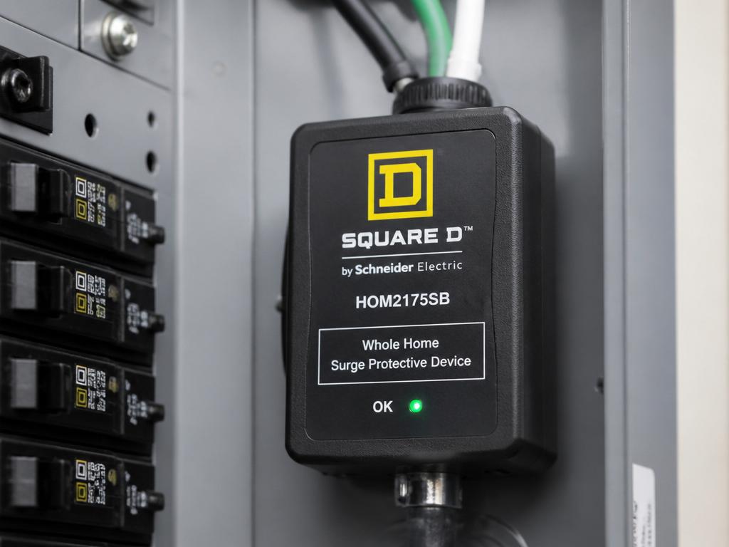 Square D by Schneider Electric whole-home surge protector installed on a residential electrical panel in Rogersville TN