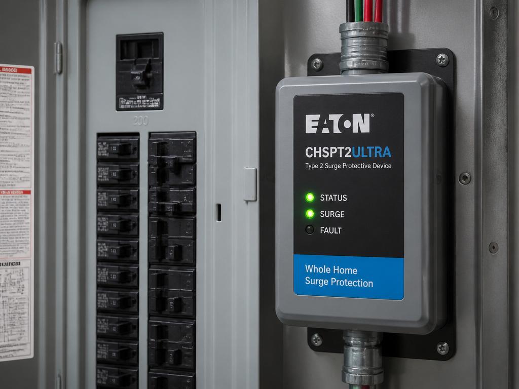 Eaton CHSPT2ULTRA Type 2 surge protector mounted on a residential electrical panel