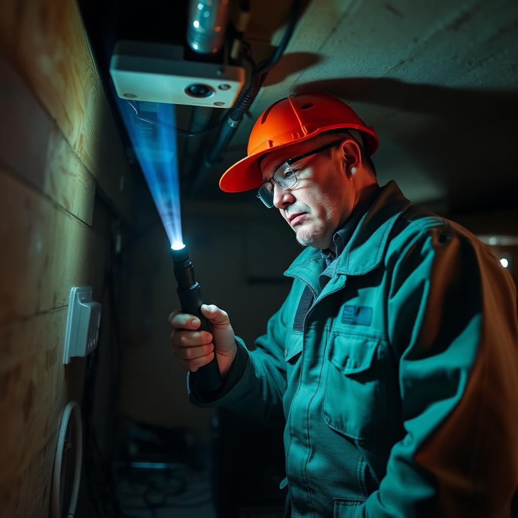 Electrician inspecting wiring in a mobile home crawl space