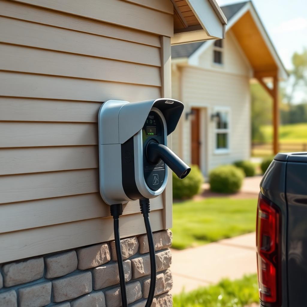 Exterior Level 2 EV charger mounted on a country home with a pickup truck charging