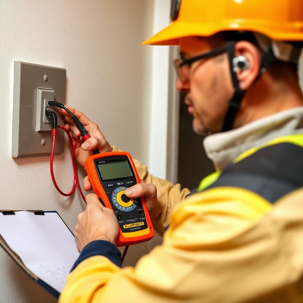 Electrician testing a residential outlet with a multimeter