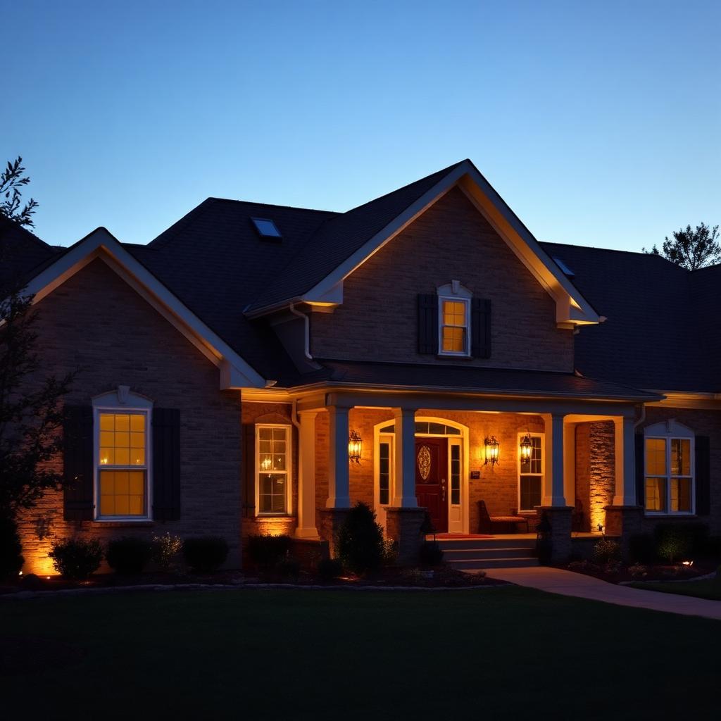 Exterior soffit lighting on a brick country home at dusk